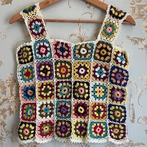 Handmade Crochet Granny Square Tank Size XS-S Boho Hippie Festival Cottagecore